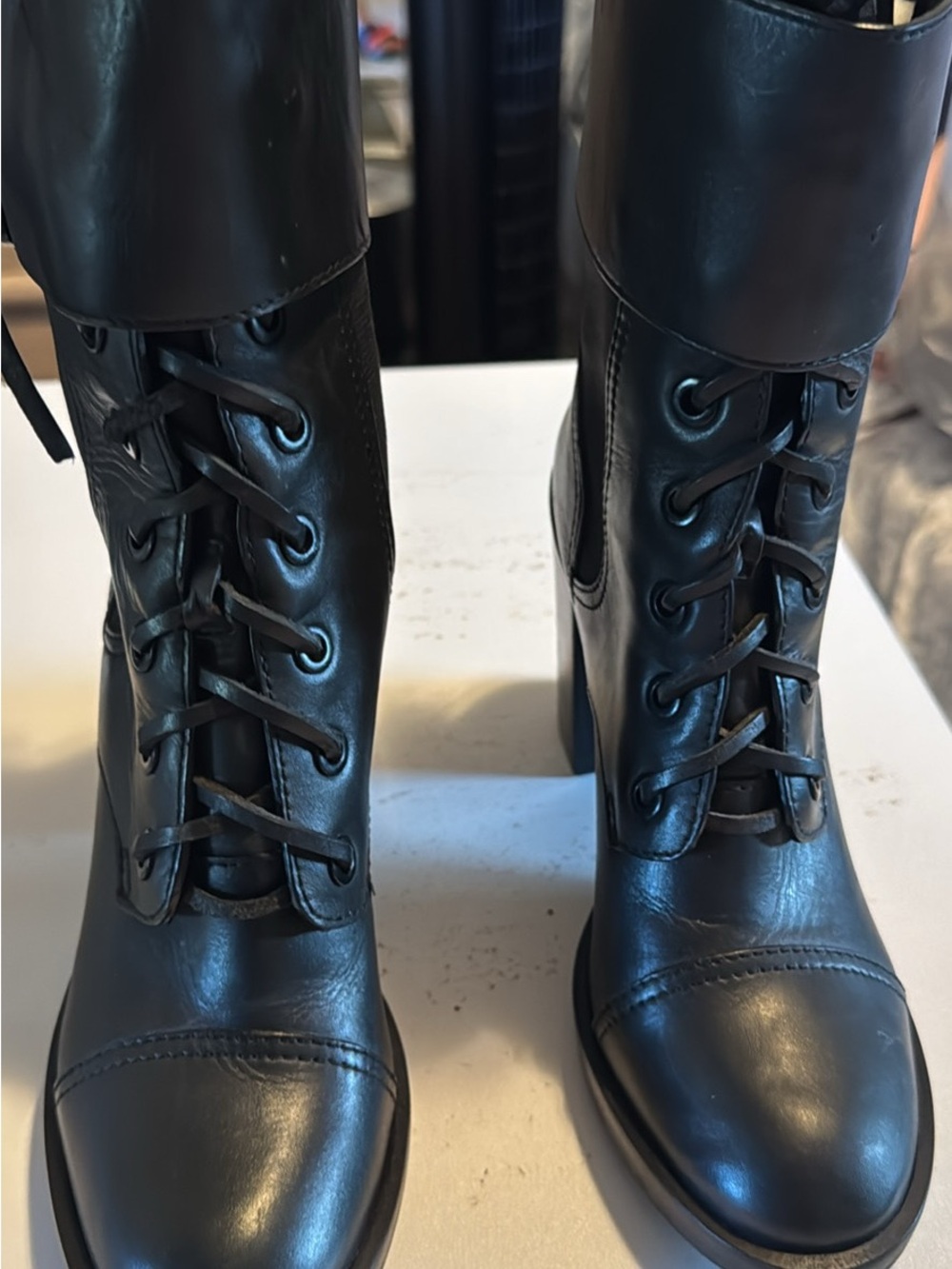Tory Burch Black Leather Lace-Up Combat Heeled Boots Size 7 M